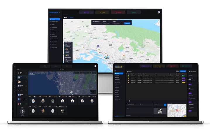 SmartAlert Emergency Dispatch System dashboard showing live incident map and responder coordination